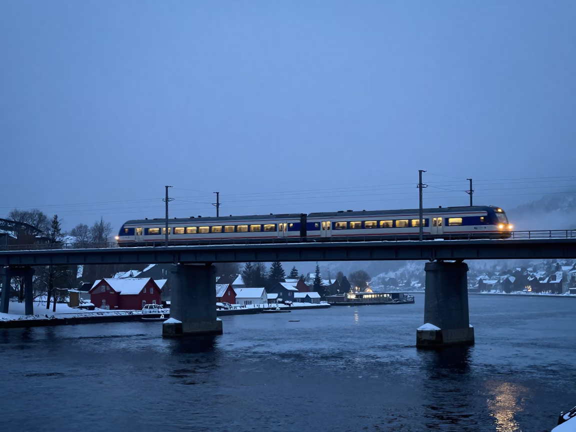 Crossing Bridge in Bergen at Twilight in in Bergen, Norway