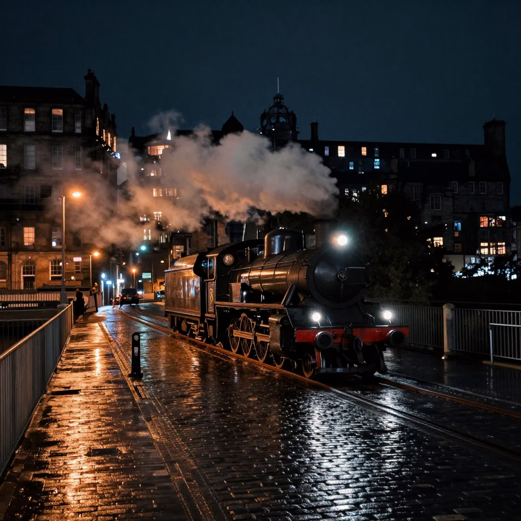 Crossing Bridge in Edinburgh at Deep In The Night Light in in Edinburgh, United Kingdom