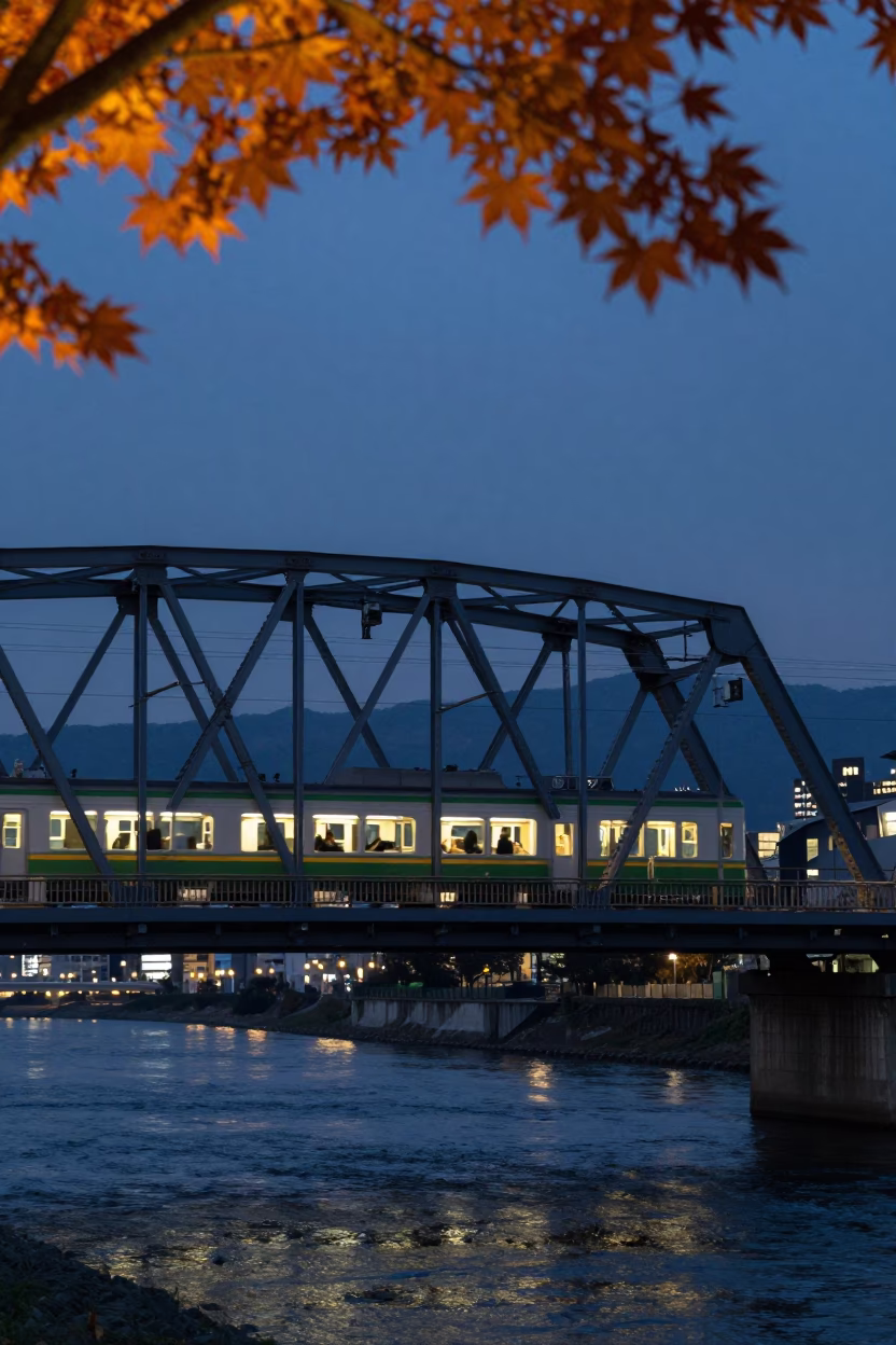 Crossing Bridge in Fukuoka at As City Lights Begin To Glow in in Fukuoka, Japan