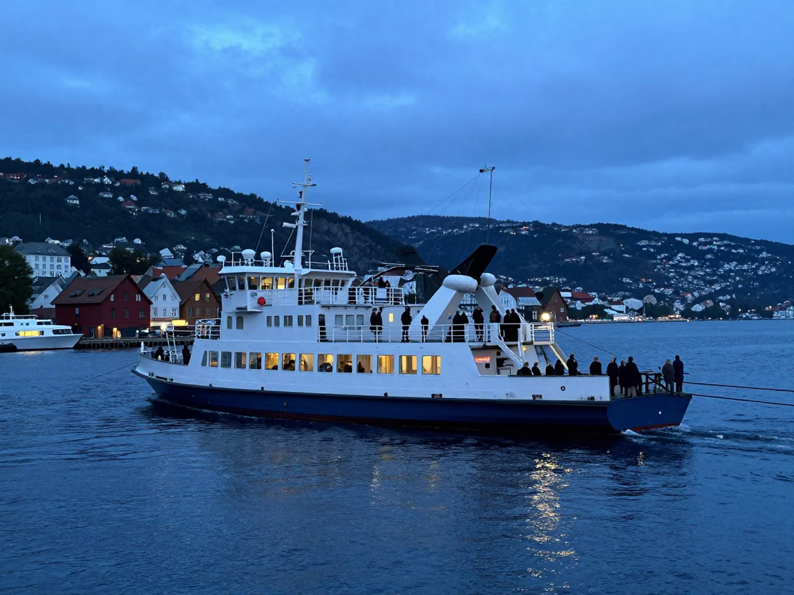 Crossing Fjord in Bergen at The Last Blue Light Of Evening in in Bergen, Norway