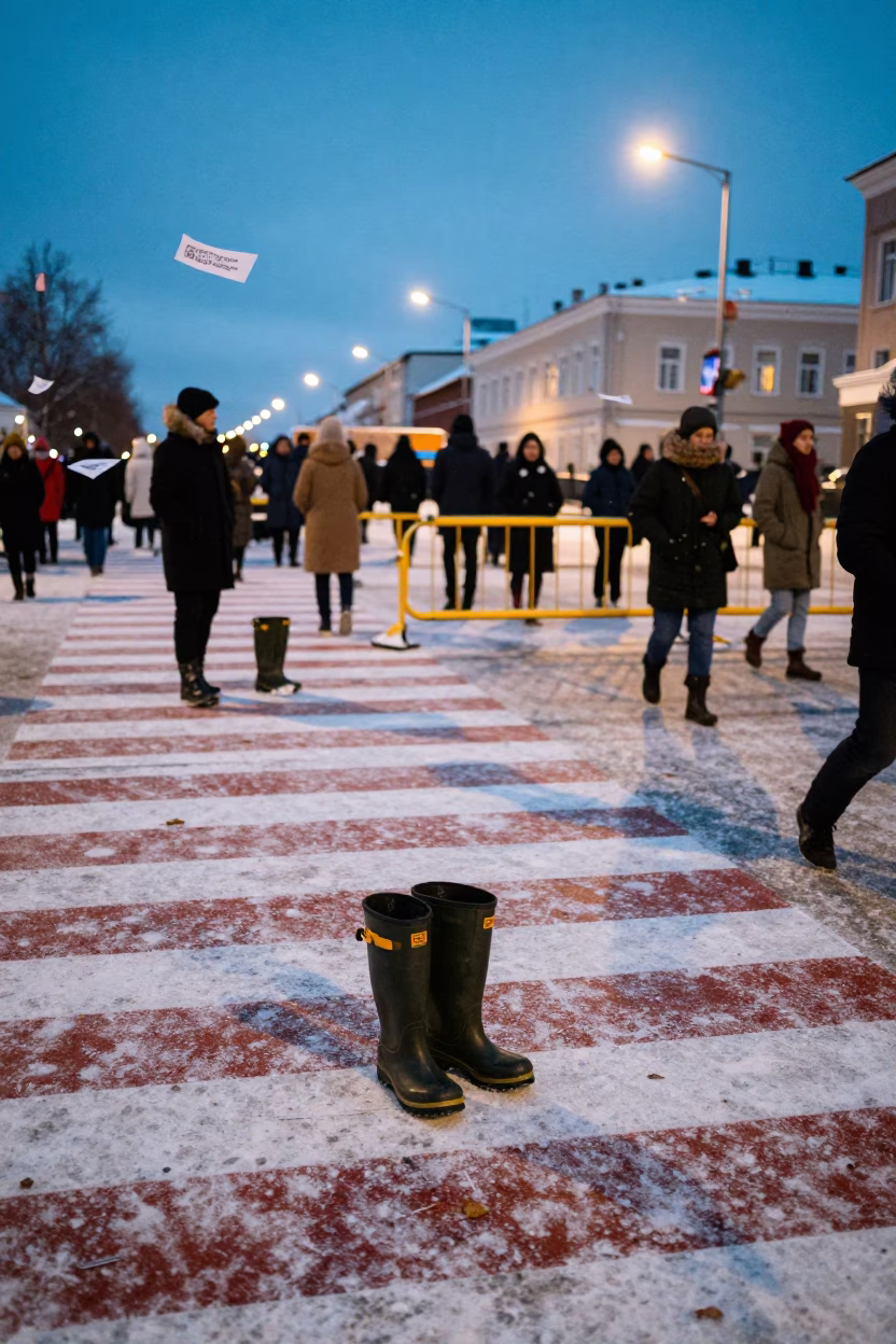 Crossing Guard Boots on Striped Snow Murmansk in along barricaded protest routes in Murmansk