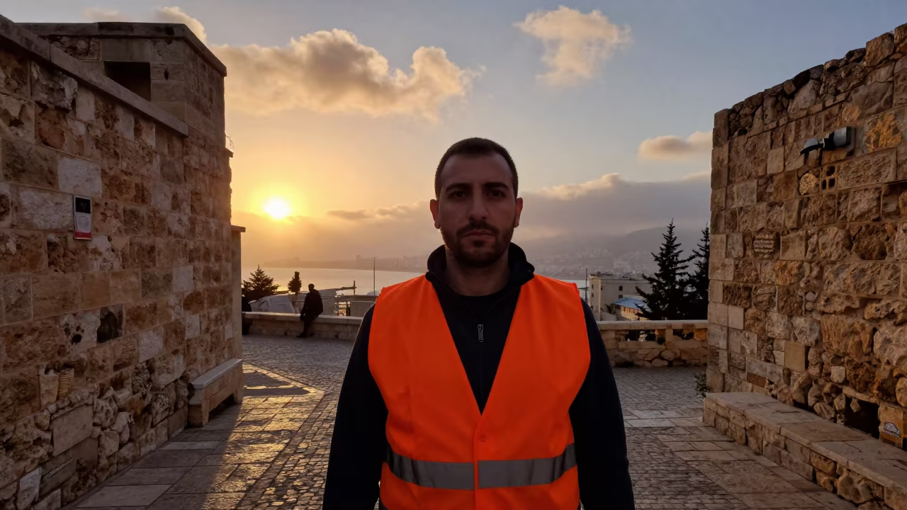 Crossing Guard in Golden Harbor Fog Light in in a narrow stone alley near Haifa