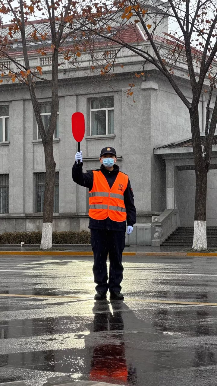 Crossing Guard Holds Red Paddle in Hohhot Sleet in in a public square near Hohhot