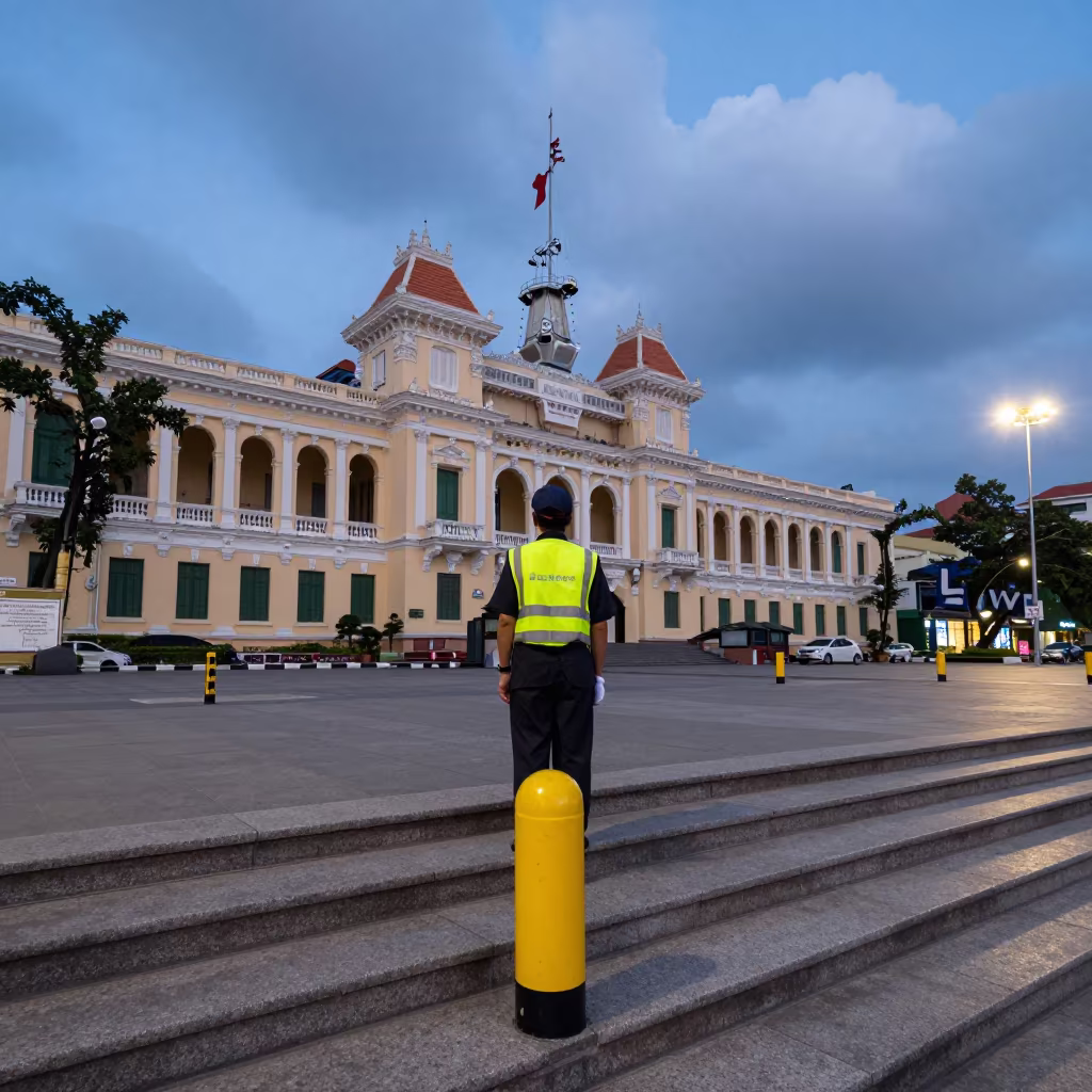 Crossing Guard Post City Hall Ho Chi Minh Twilight in on the steps of city hall in Binh Thanh, Ho Chi Minh City