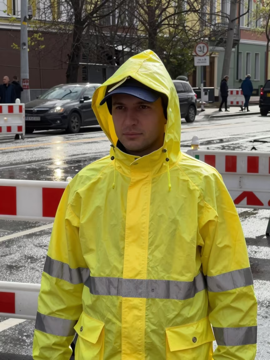Crossing Guard in Reflective Gear Near Makhachkala in along barricaded protest routes near Makhachkala