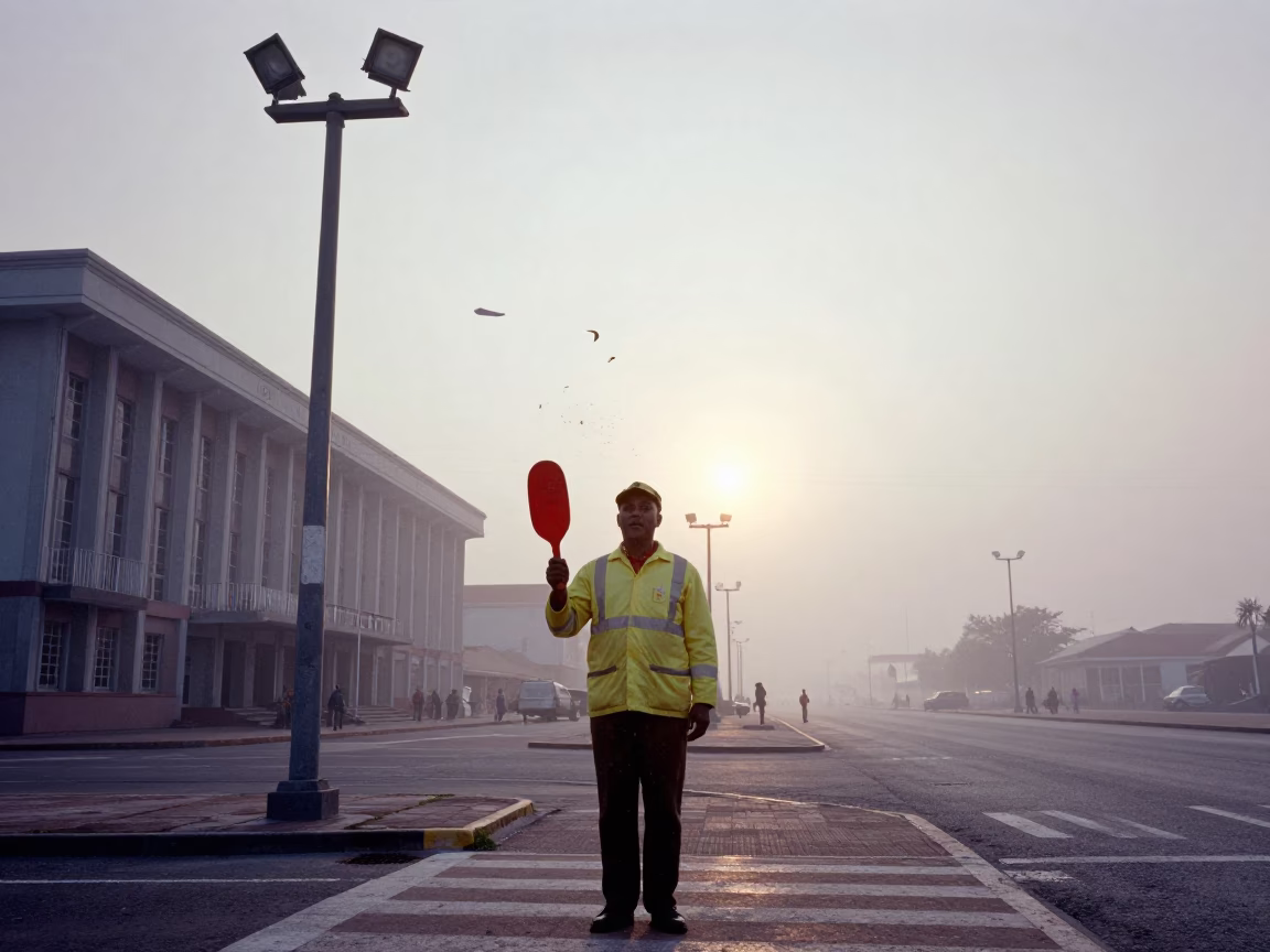 Crossing Guard in Willemstad Sleet in beneath government building floodlights near Willemstad