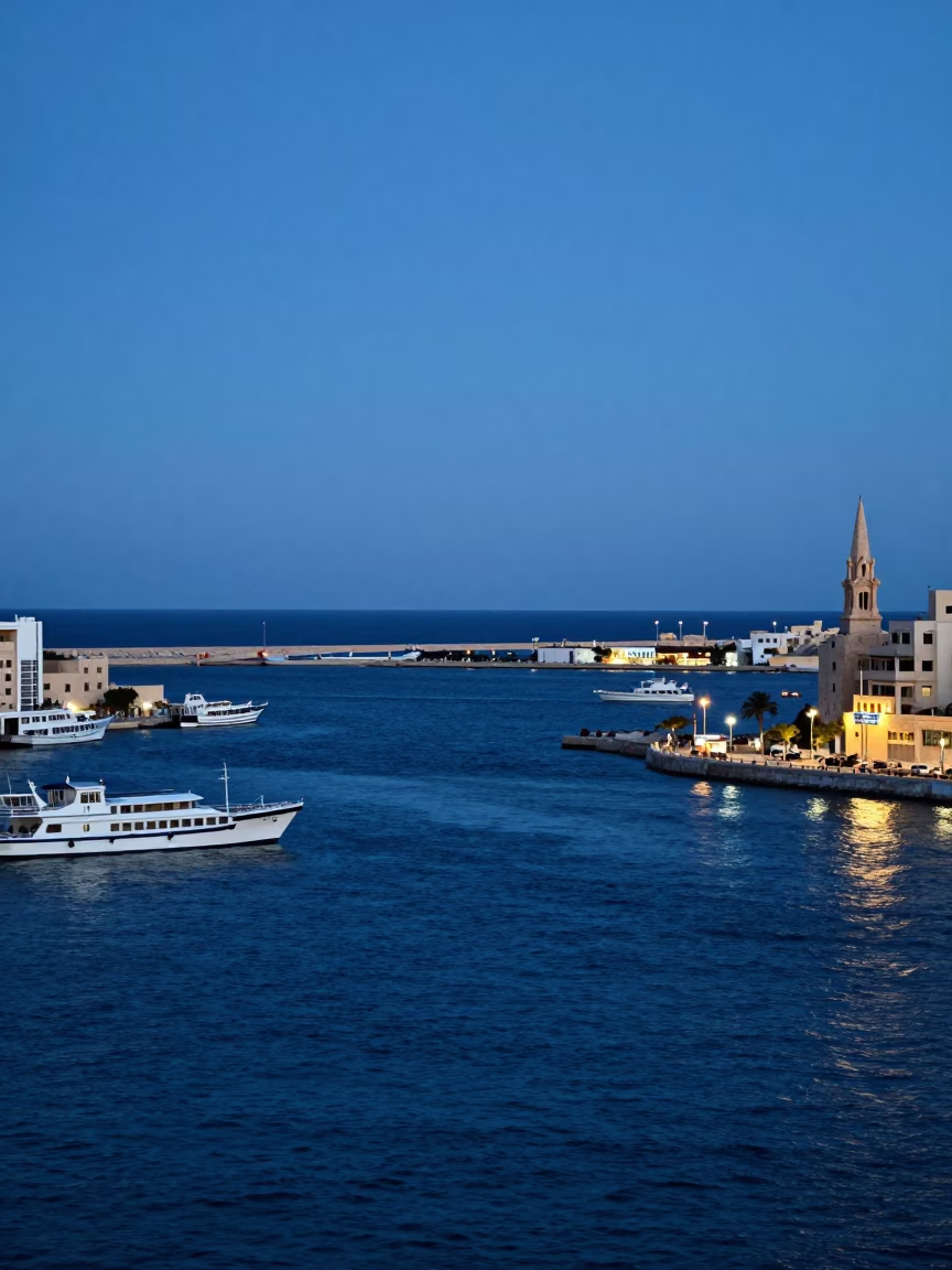 Crossing Harbor in Alexandria at The Last Blue Light Of Evening in in Alexandria, Egypt