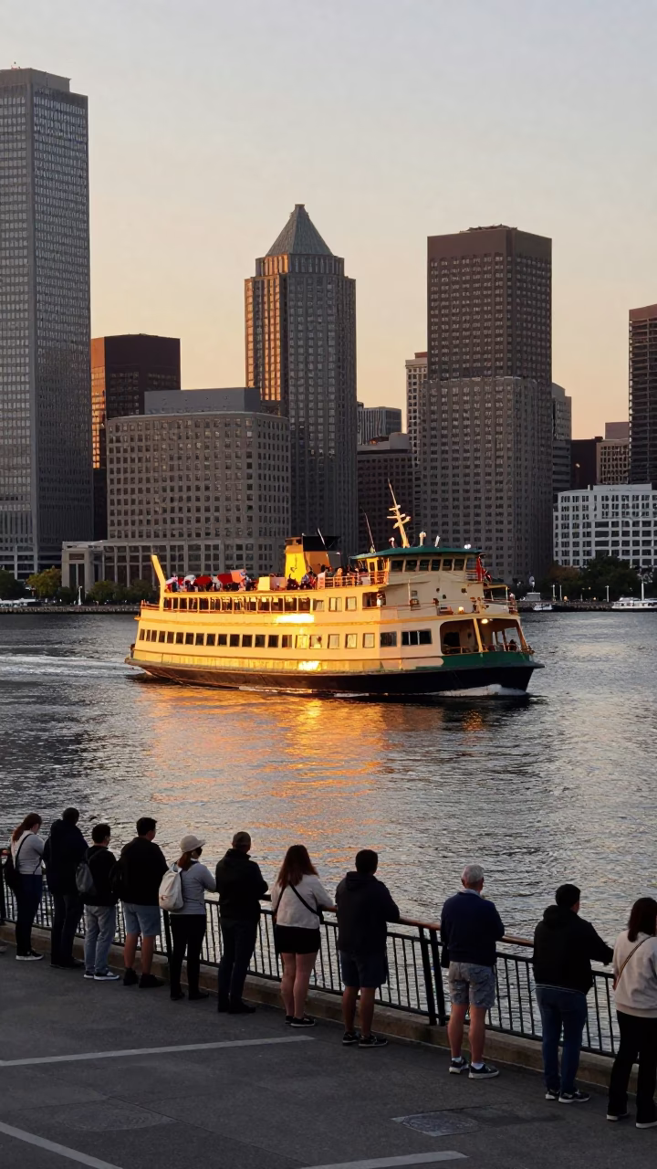 Crossing Harbor in Boston at Honeyed Evening Light in in Boston, Massachusetts, United States