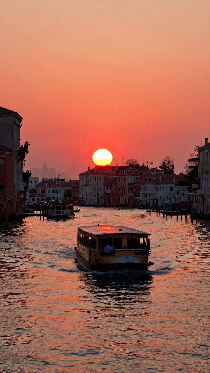 Crossing Lagoon in Venice at As The Sun Drops Toward The Horizon in in Venice, Italy