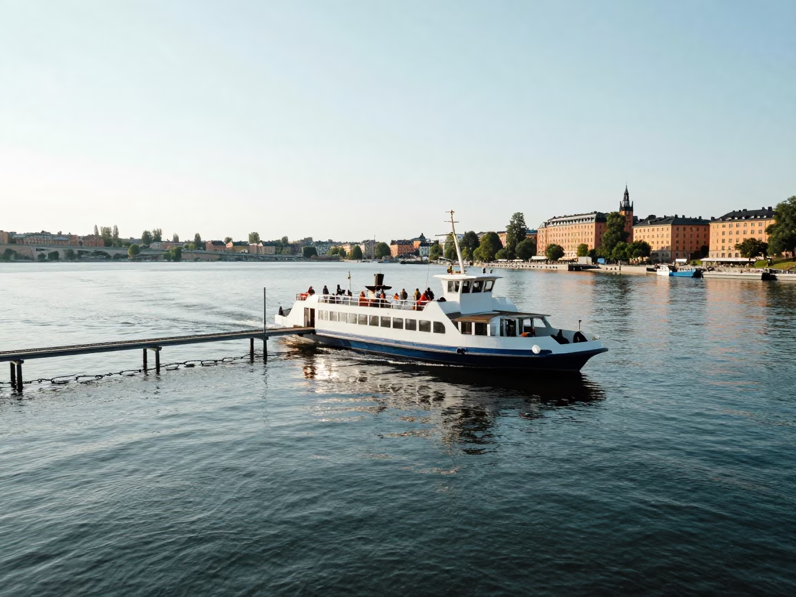 Crossing River in Stockholm at The Flat Glare Of Noon Light in in Stockholm, Sweden