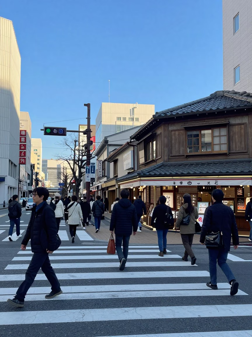 Crossing Street in Sapporo at Afternoon Light in in Sapporo, Japan