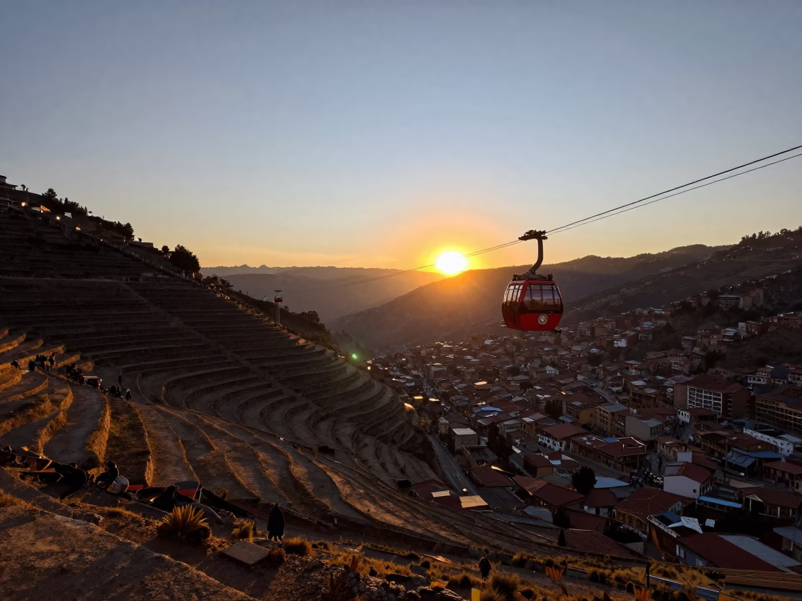 Crossing Valley at As The Sun Drops Toward The Horizon in La Paz in in La Paz, Bolivia