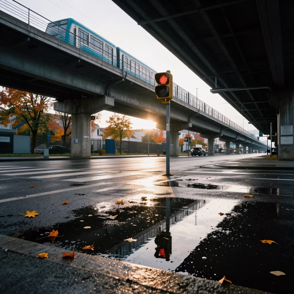Crosswalk Countdown in Autumn Rainwater in under an elevated train line in Zielona Góra