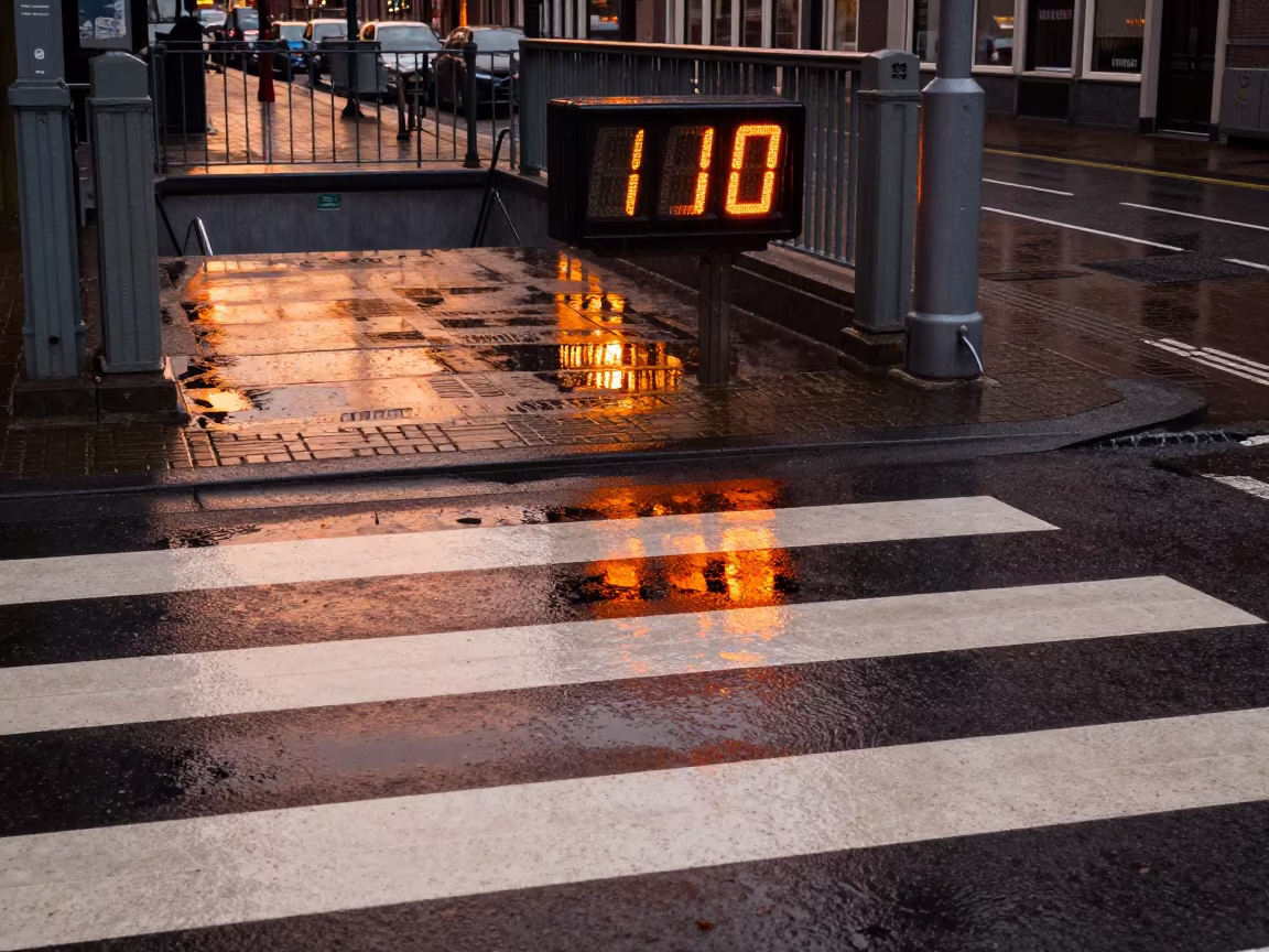 Crosswalk Countdown Reflected in Rainwater Zoetermeer in outside a metro entrance in Zoetermeer