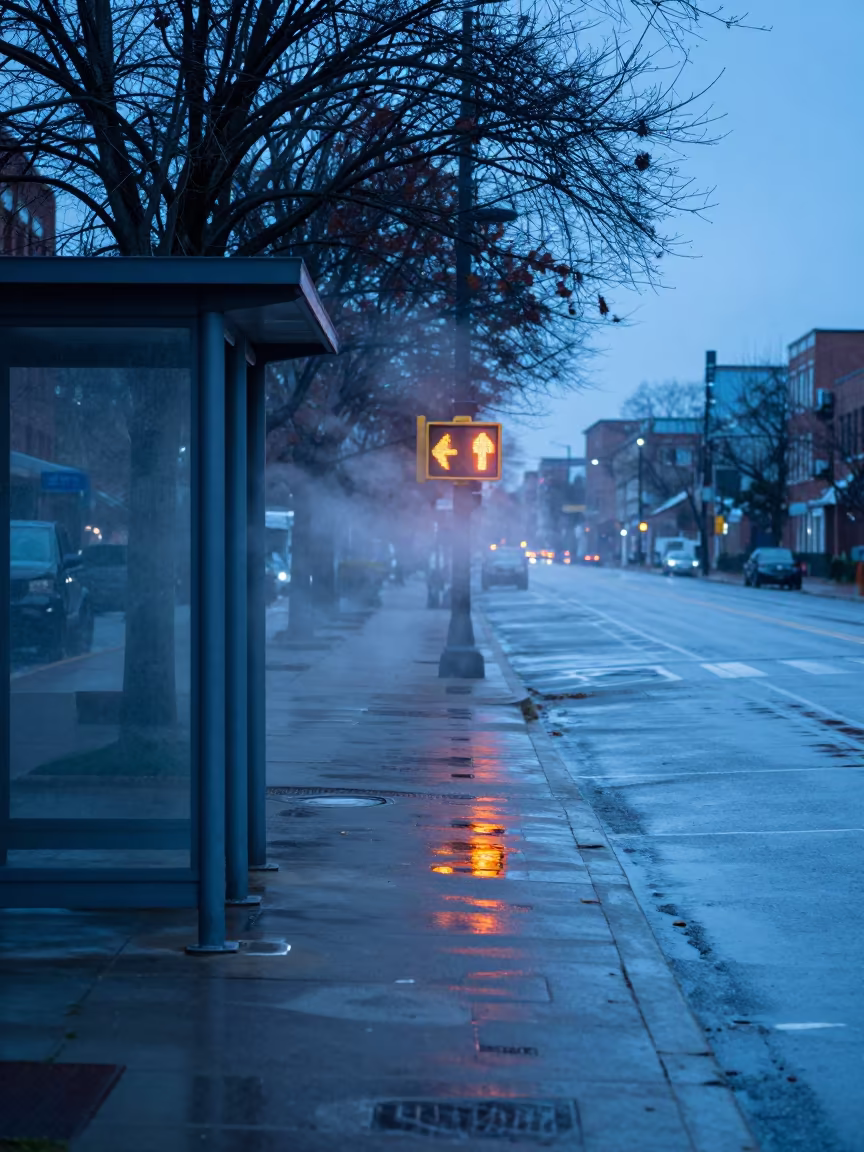 Crosswalk Countdown Reflection in Rainwater in beside a steamed-up bus shelter in Baltimore