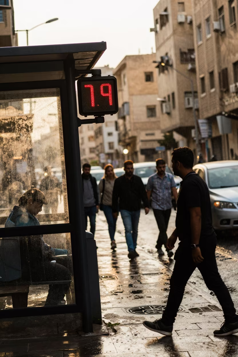 Crosswalk Timer Above Blurred Pedestrians in Baghdad in beside a steamed-up bus shelter in Baghdad