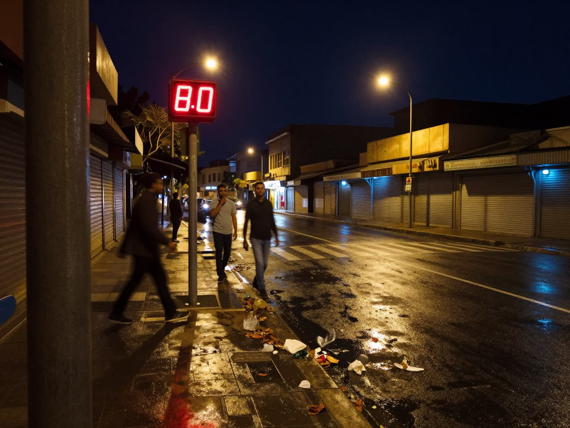 Crosswalk Timer Above Blurred Pedestrians in along a shuttered arcade in Hawaasa
