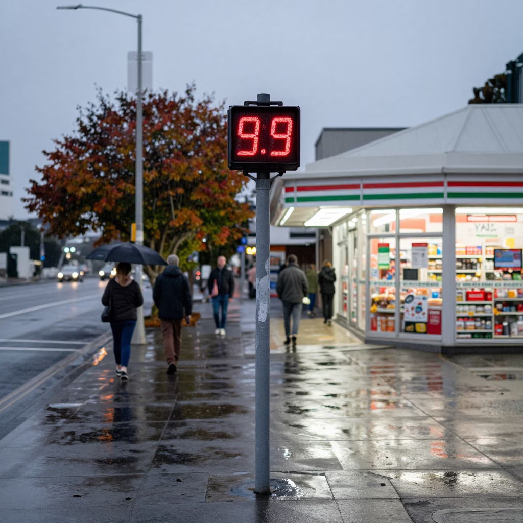 Crosswalk Timer Above Blurred Pedestrians in Auckland in outside a fluorescent convenience store in Ponsonby, Auckland