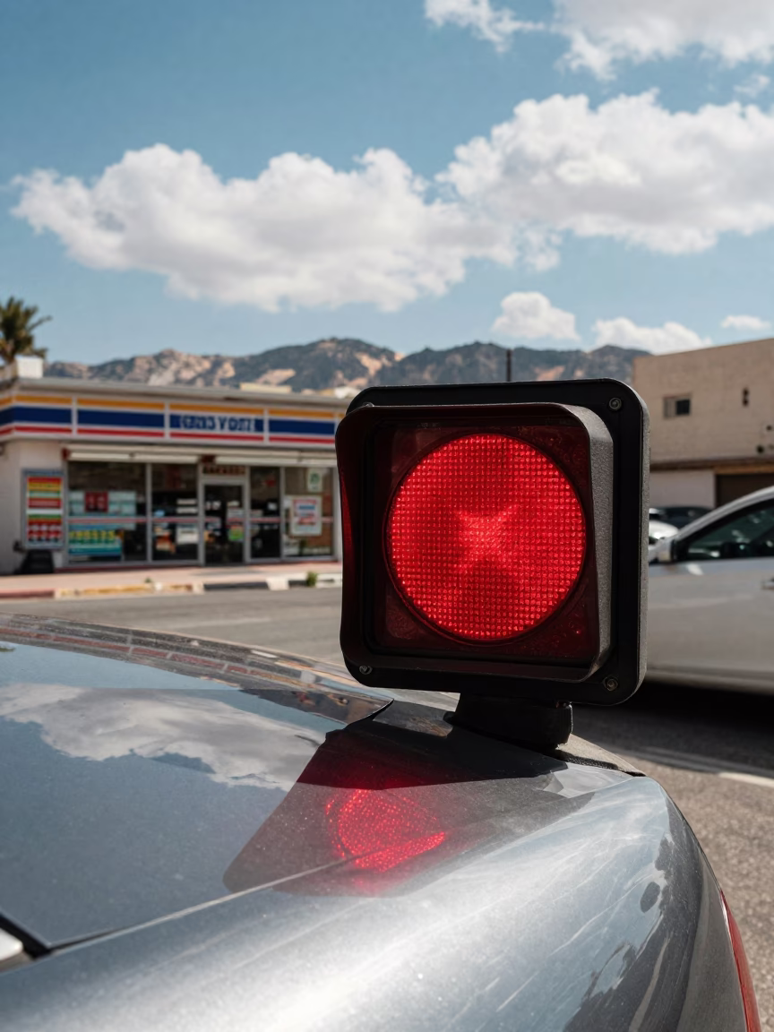 Crosswalk Timer Chrome Hood Reflection Noon in outside a fluorescent convenience store in Rehovot
