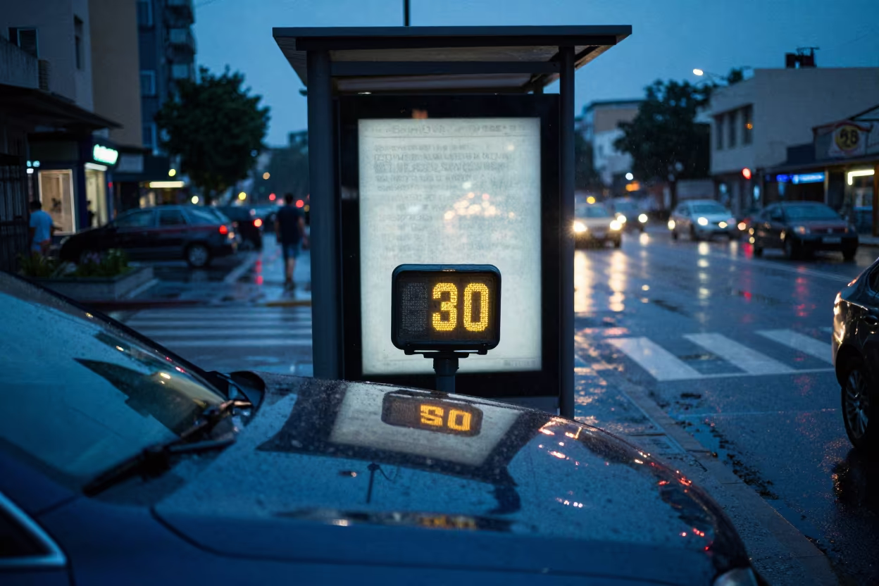 Crosswalk Timer Reflected in Chrome Hood in beside a steamed-up bus shelter in Samawah