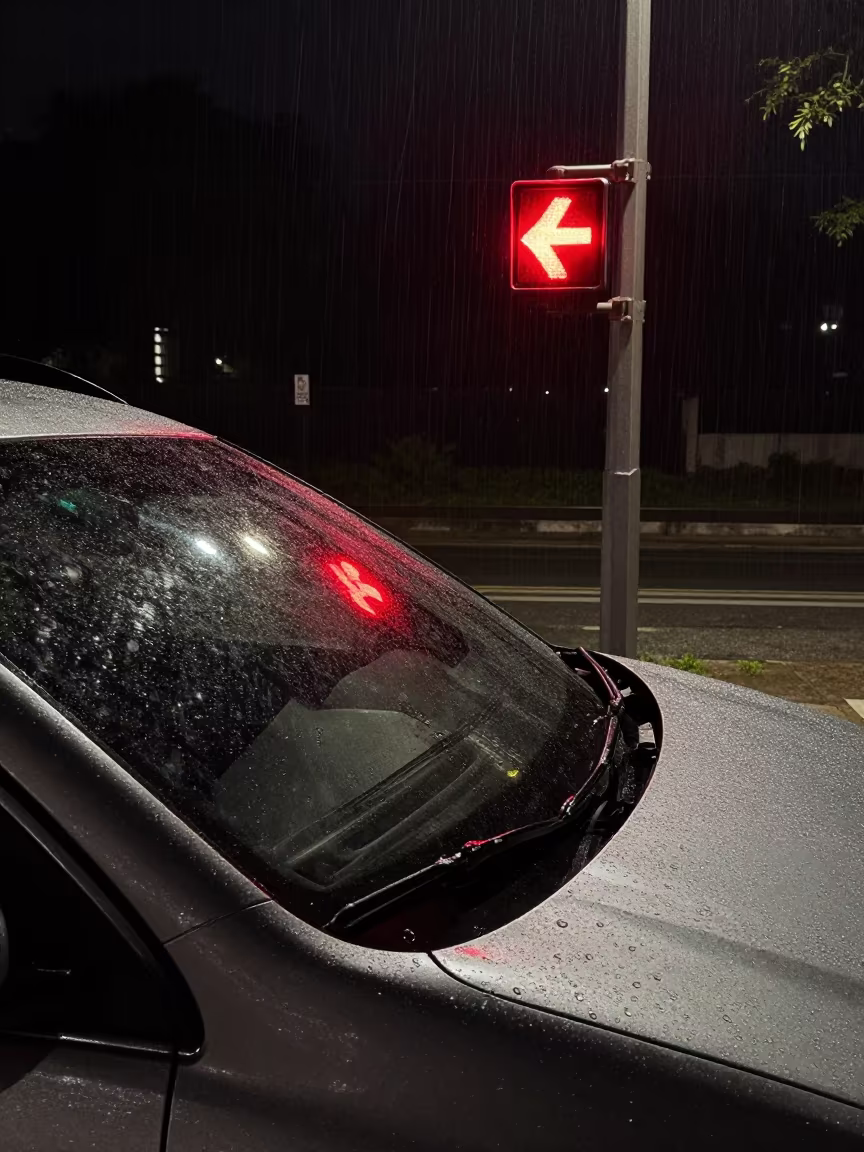 Crosswalk Timer Reflected in Chrome Hood in beneath a flickering underpass light in Jaramana