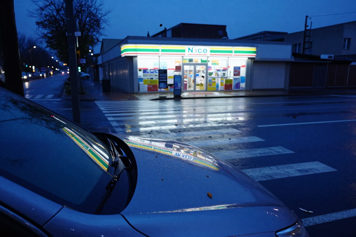Crosswalk Timer Reflection in Car Hood Chrome in outside a fluorescent convenience store in Nice