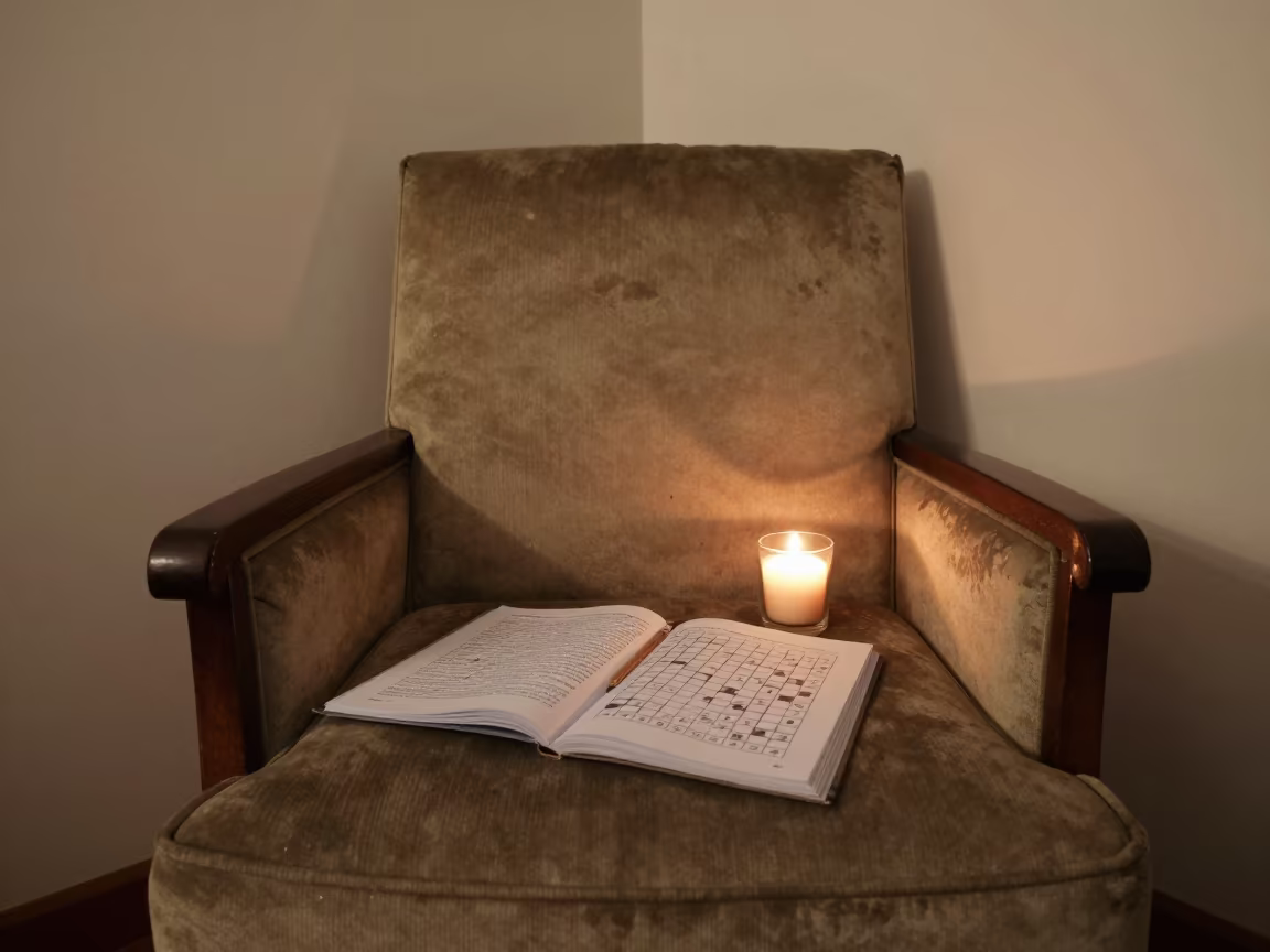 Crossword Puzzle and Pencil on Armchair in Bogota in in a candlelit bedroom in Chapinero, Bogota