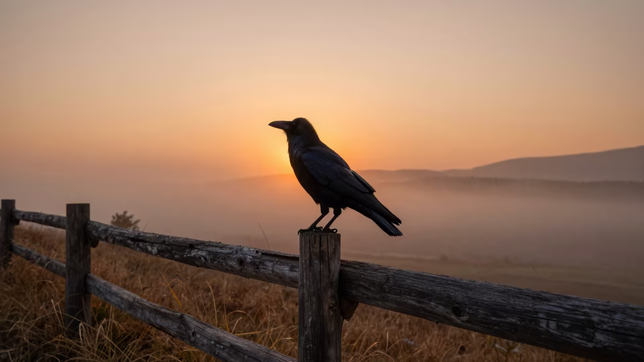 Crow on Fence Post in Montenegro Amber Light in in Montenegro