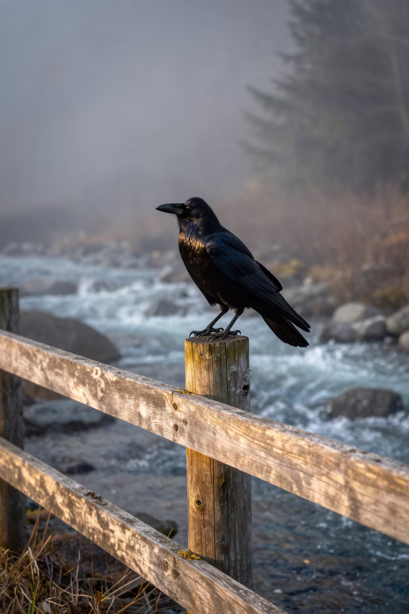Crow on Fence Post Above Glacial Stream in above a glacial stream near Abidjan