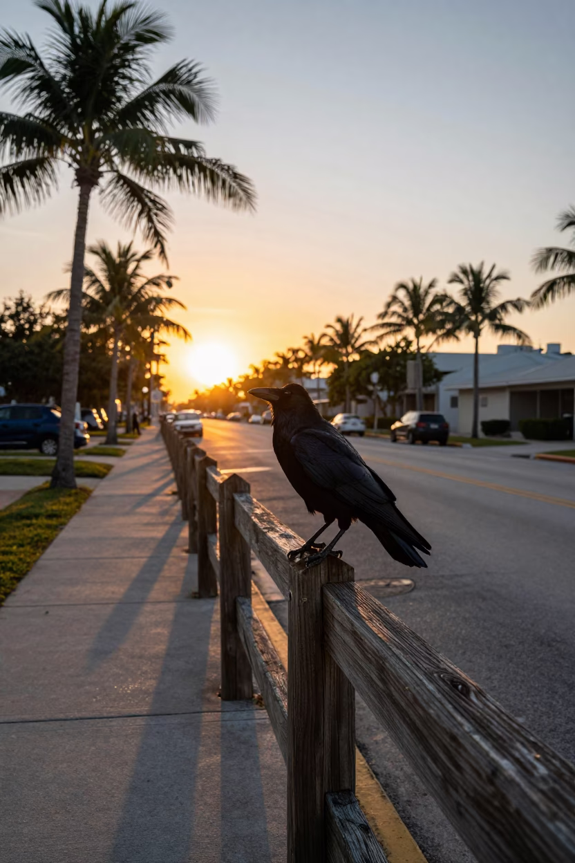 Crow on Fence Post Overlooking Miami Street at Sunset with Leaf Shadows in in Miami, Florida, United States