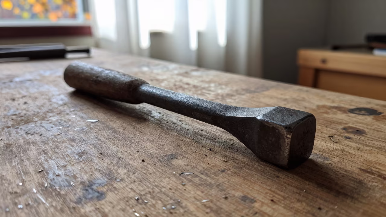 Crowbar on Scarred Workbench Under Lamp in on a pier railing in Bradford