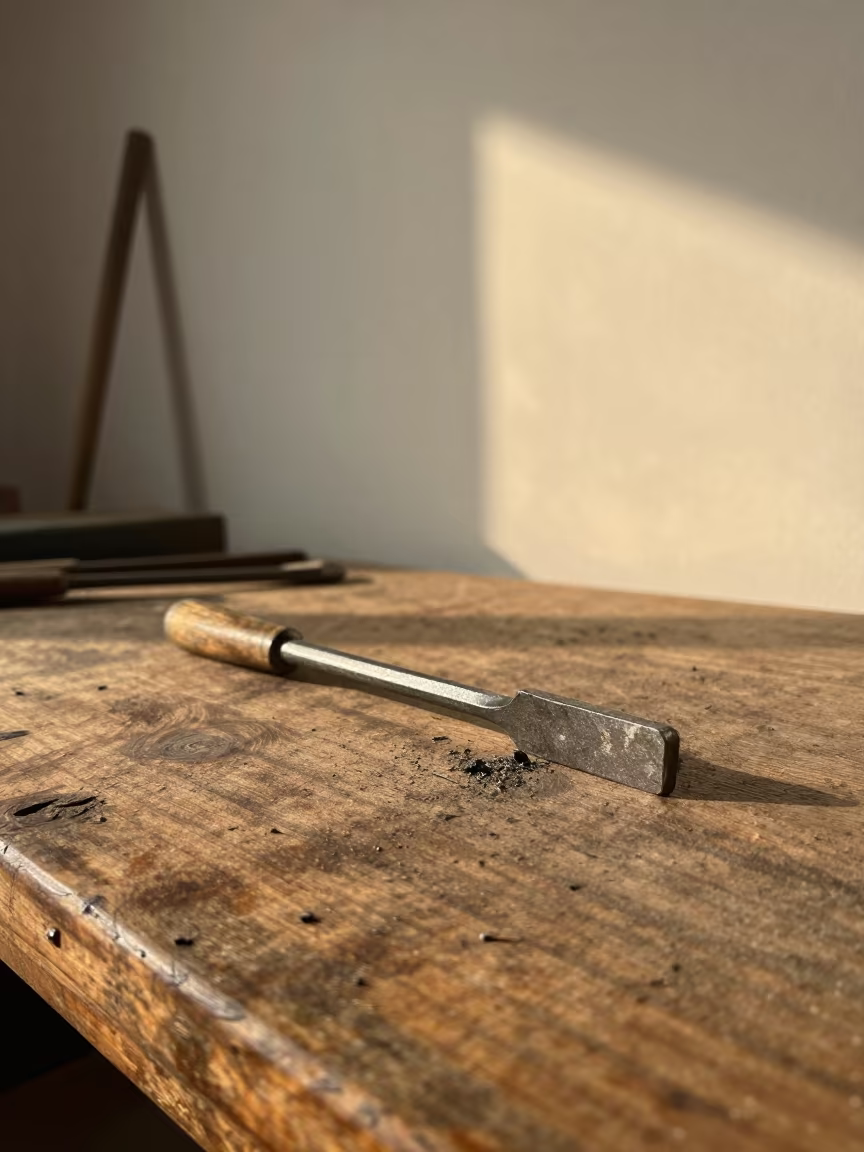 Crowbar On Scarred Workbench Under Task Lamp in on a pier railing in Nampo