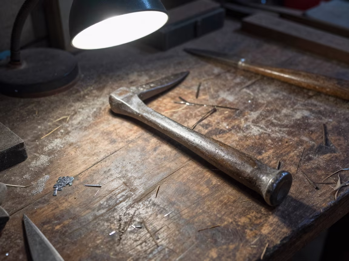 Crowbar on Scarred Workbench Under Lamp in on a dusty library table in Nacala