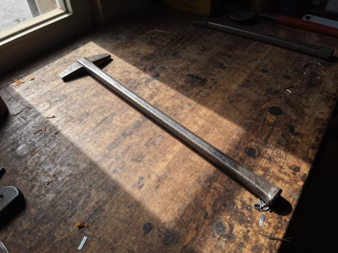 Crowbar on Scarred Workshop Shelf Nizamabad in on a workshop shelf near Nizamabad