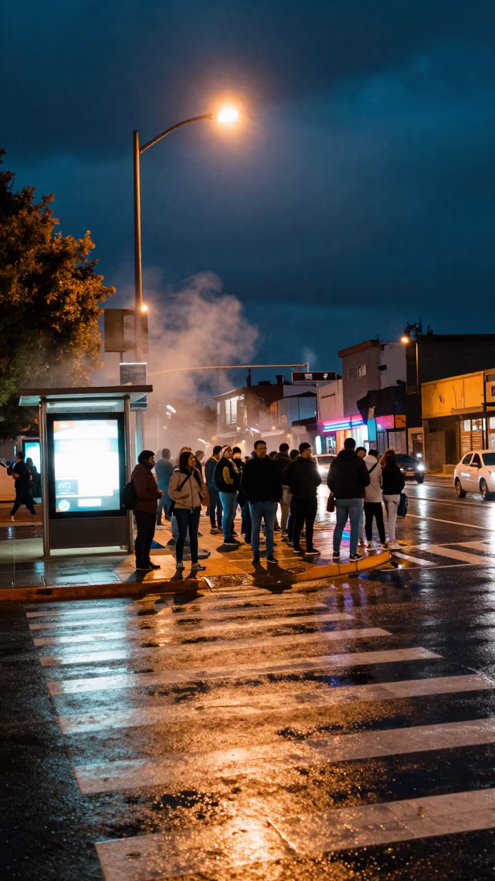 Crowd at Crosswalk Under Sodium Light in beside a steamed-up bus shelter in Tijuana