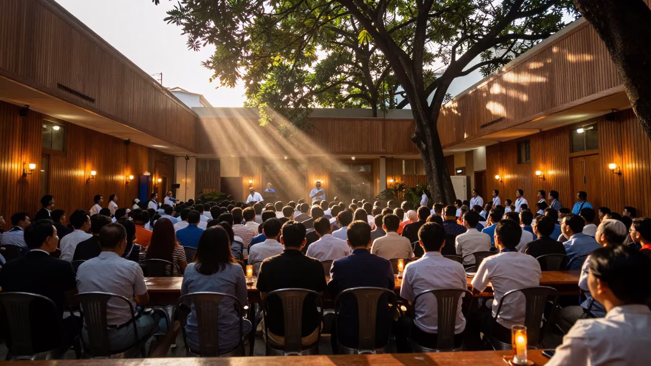 Crowd Fills Campaign Office Wall at Golden Hour in inside a campaign office near Ho Chi Minh City
