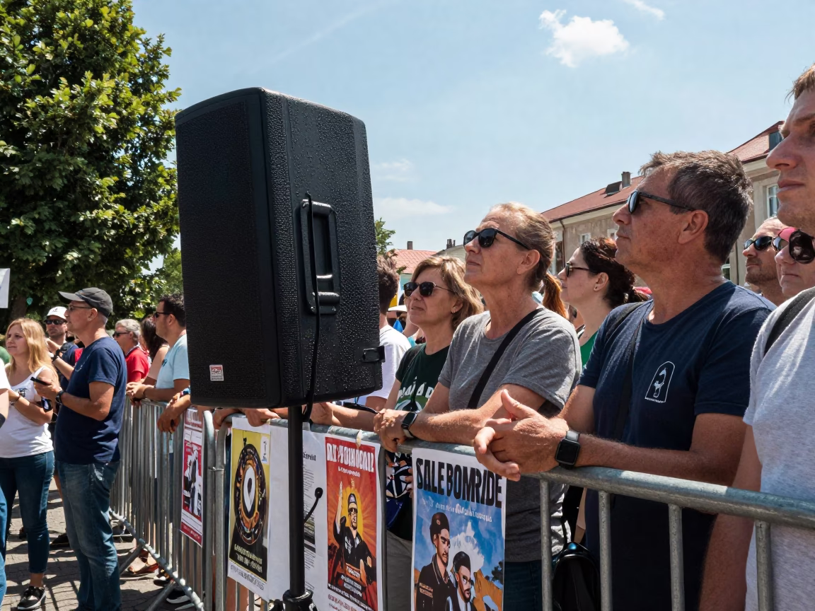 Crowd Listening Through Speaker at Protest Barrier in along barricaded protest routes in Baia Mare