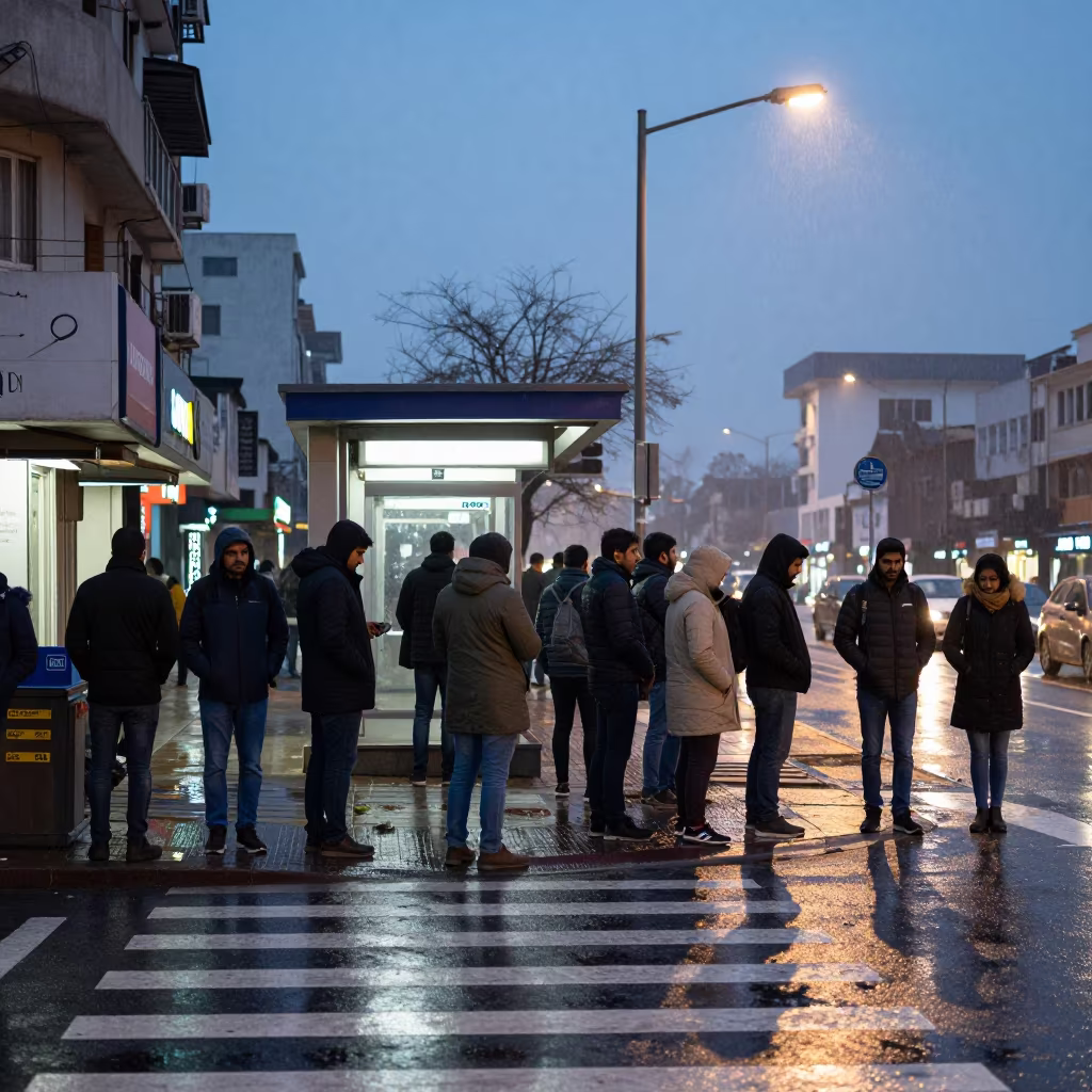 Crowd at Noida Metro Crosswalk in Winter Rain in outside a metro entrance in Noida