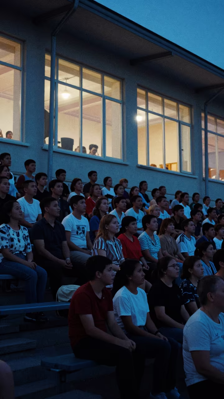 Crowd at Public Hearing in Ekibastuz Gymnasium in inside a polling station gymnasium near Ekibastuz