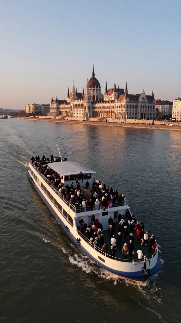 Crowded Budapest River Ferry Crossing at Nautical Dawn with Condensation on Countertop in in Budapest, Hungary