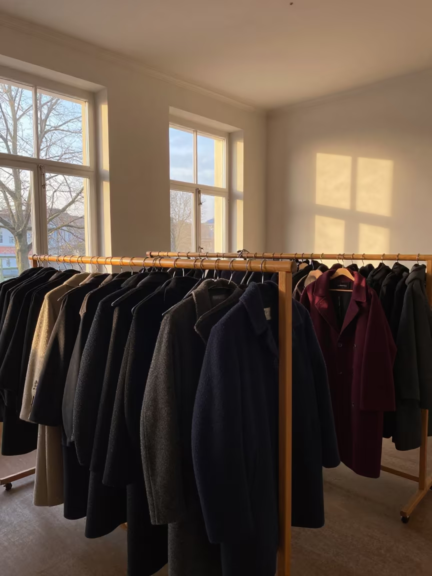 Crowded Coat Rack in Cologne Town Hall Sunset in in a community center hall in Cologne