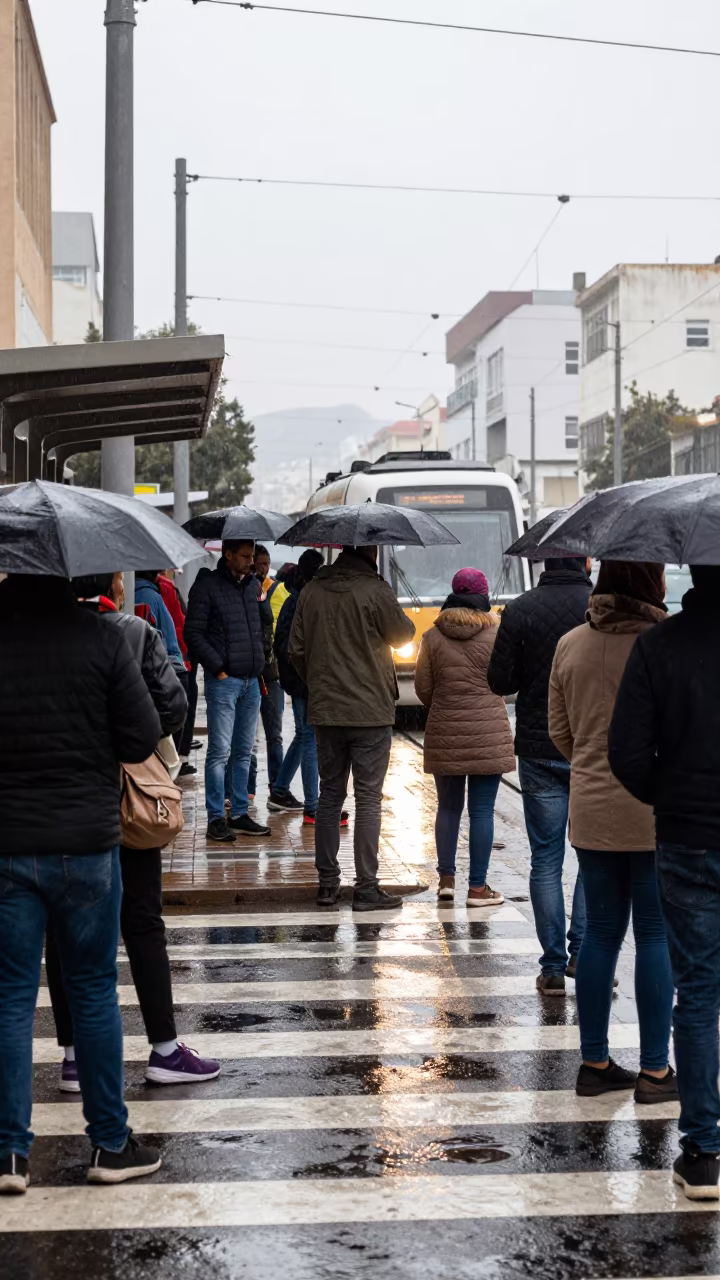 Crowded Crosswalk Umbrellas Tivaouane Tram Stop in at a tram stop in Tivaouane