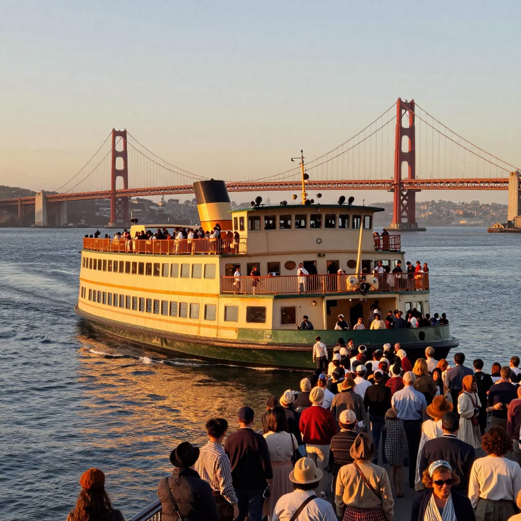 Crowded Ferry Crossing Golden Hour San Francisco Bay Bridge Views in in San Francisco, California, United States
