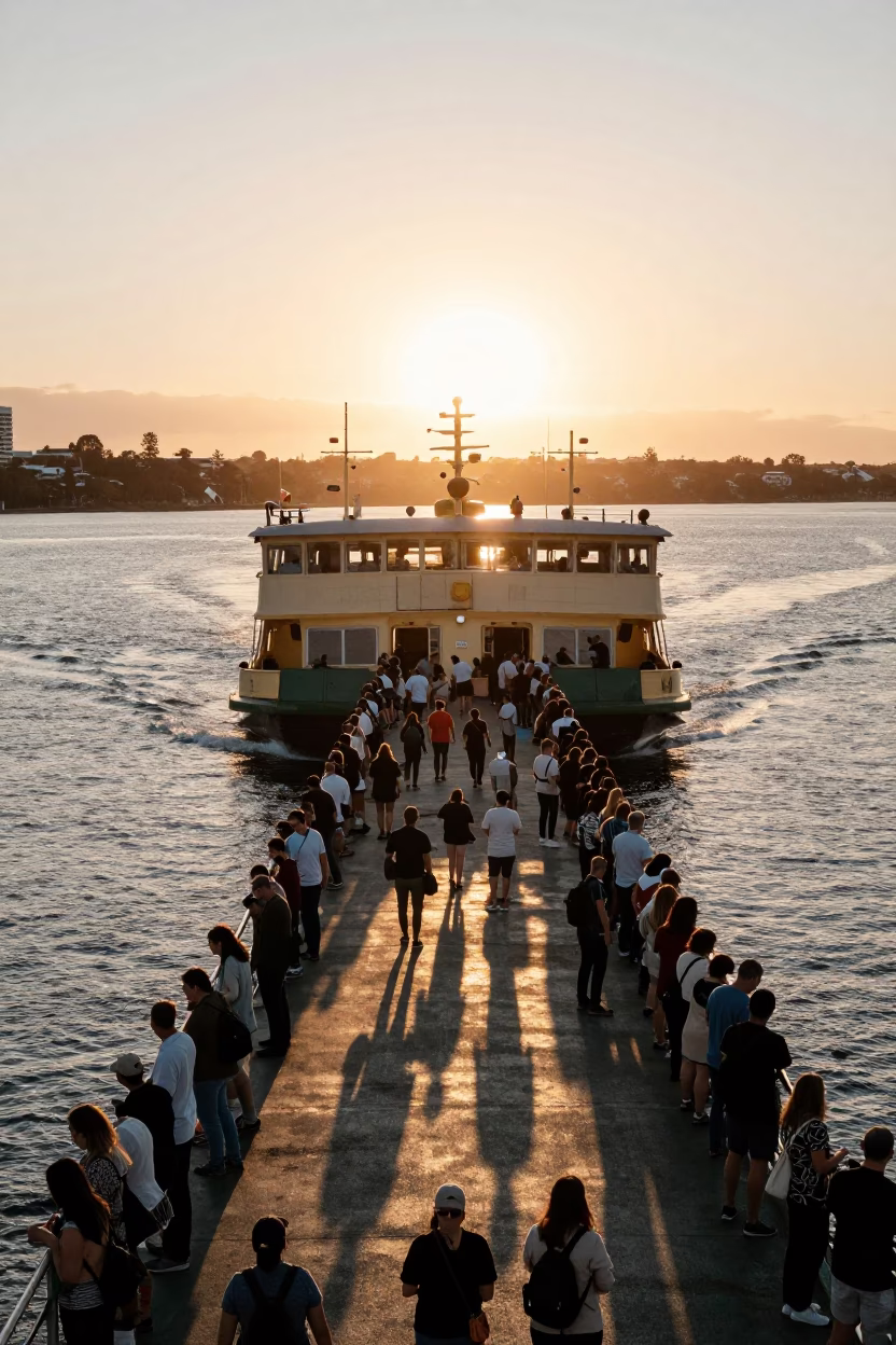 Crowded Perth River Ferry Crossing at Sunset with Western Australia Skyline in in Perth, Western Australia, Australia