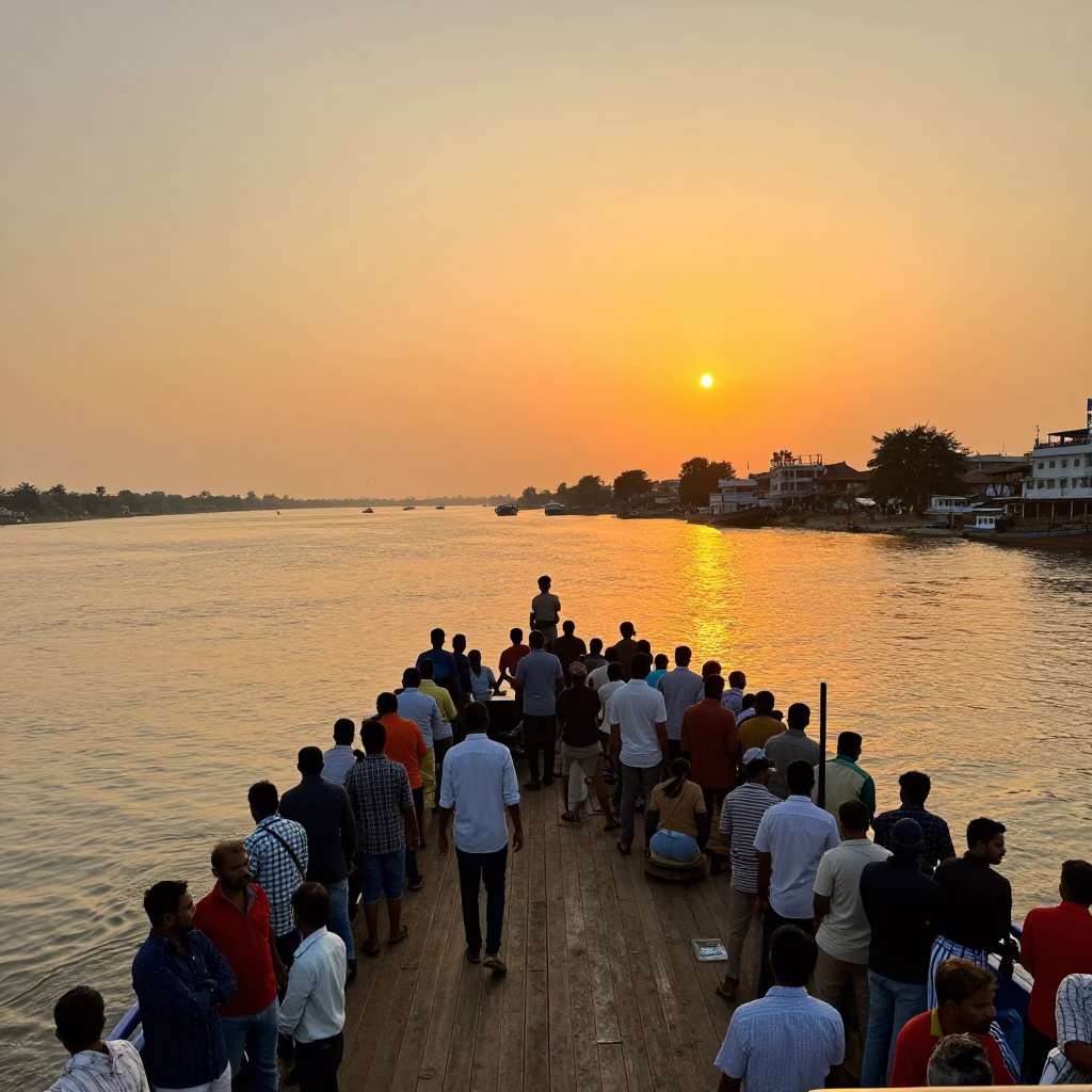 Crowded River Ferry Crossing at Golden Hour in Chennai India Sunset in in Chennai, India