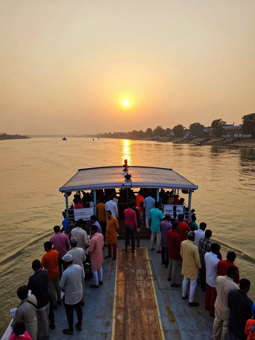 Crowded River Ferry Crossing at Golden Hour in Delhi India Sunset Light in in Delhi, India