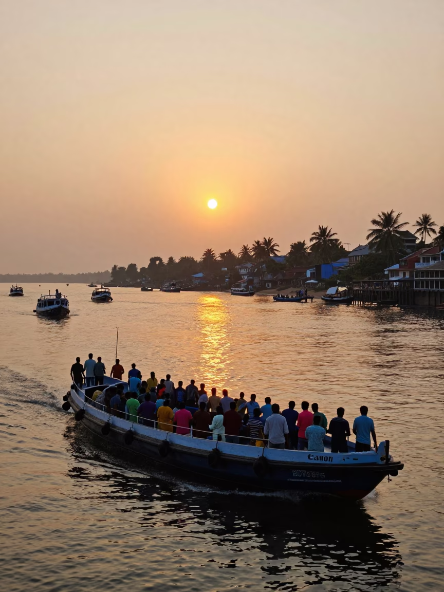 Crowded River Ferry Crossing at Golden Hour in Kochi India Sunset in in Kochi, India