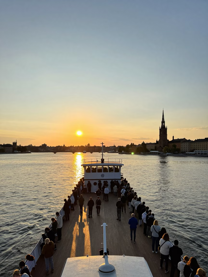 Crowded River Ferry Crossing at Golden Hour in Stockholm Sweden in in Stockholm, Sweden