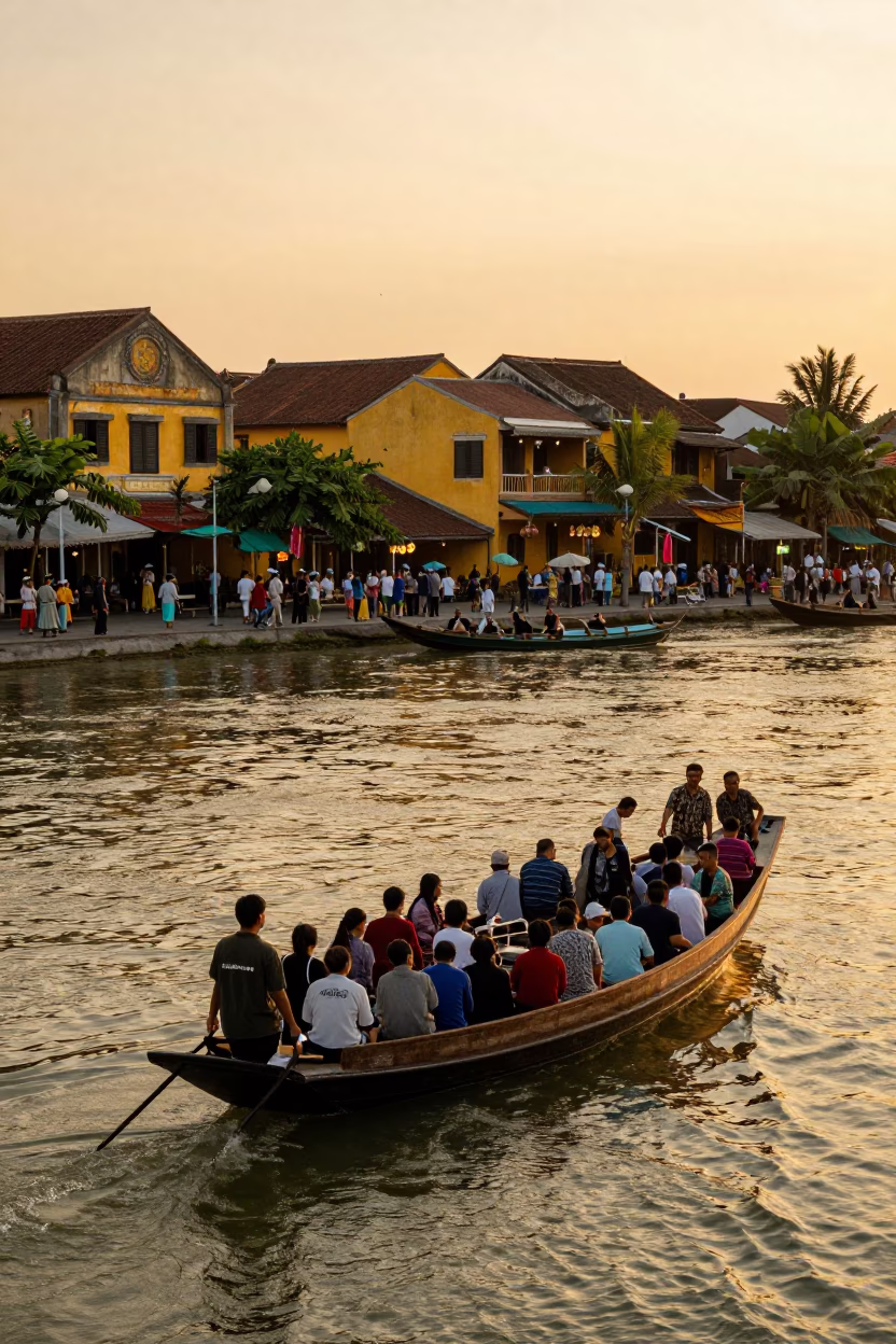 Crowded River Ferry Crossing at Sunset in Hoi An Vietnam with Yellow Lanterns in in Hoi An, Vietnam