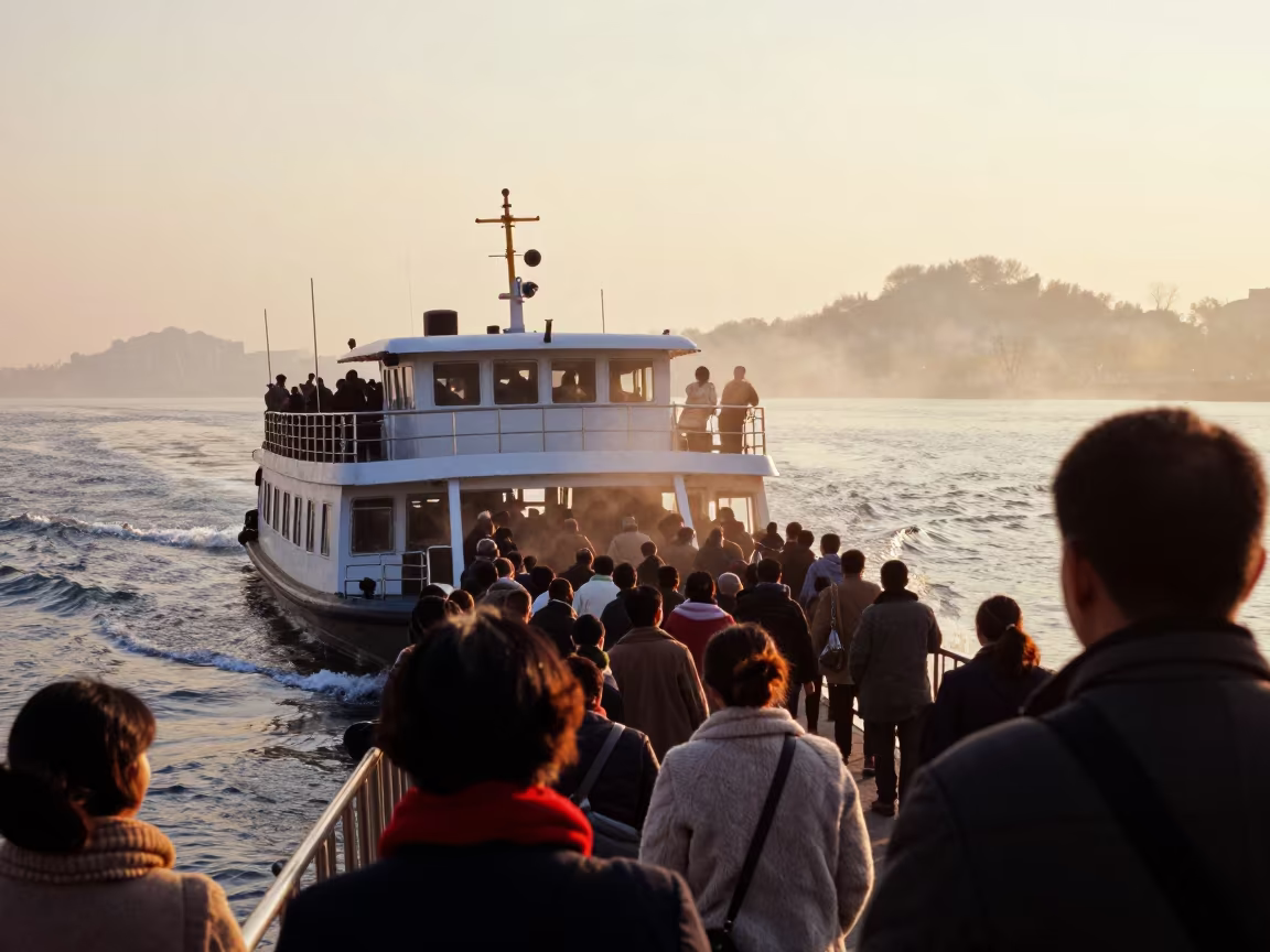Crowded River Ferry Crossing at Golden Hour in near Qingdao